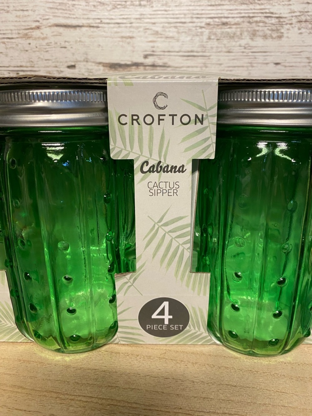Croton Green Cactus Mason Jar Glasses - Set of 4 - Picture 3 of 8
